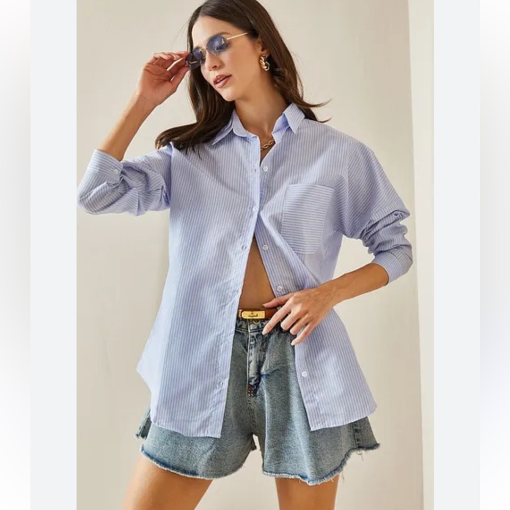 TED BAKER BLUE and PINK STRIPED BUTTON-DOWN LONG SLEEVE BLOUSE SHIRT SIZ…